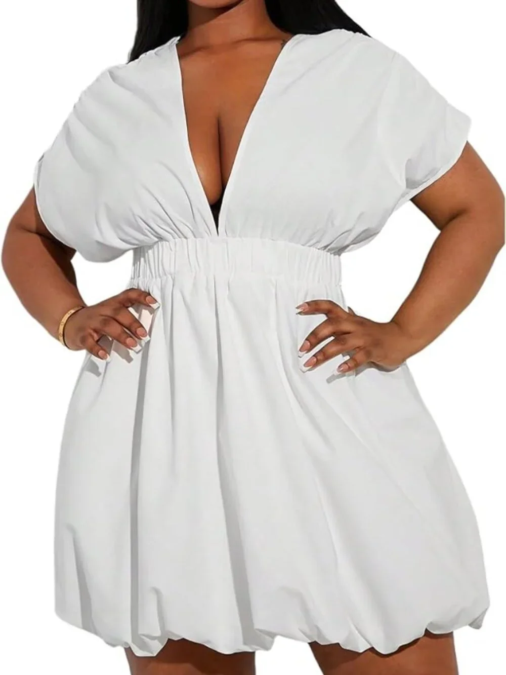 Amazon White Deep V-Neck Elastic Waist Bubble Hem Mini Dress